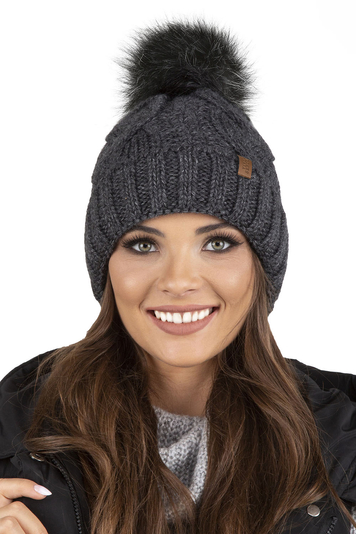 Vivisence Wintermütze mit Bommel Damen Perfekte Passform Warmes Strickmütze Herbst Frauen Mütze für Winter Aufgerolltem Design für Extra Wärme Ideal für Kalte Wintertage Modell 7014, Dunkelgrau