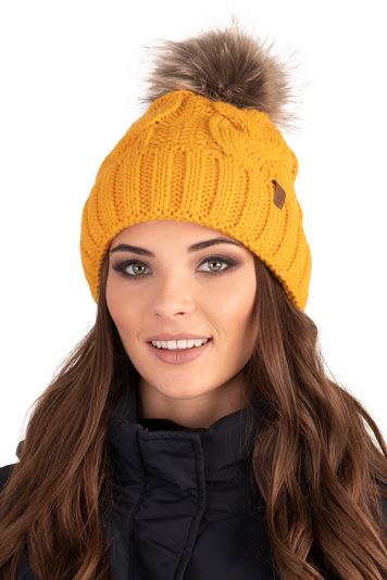 Vivisence Wintermütze mit Bommel Damen Perfekte Passform Warmes Strickmütze Herbst Frauen Mütze für Winter Aufgerolltem Design für Extra Wärme Ideal für Kalte Wintertage Modell 7014, Honig