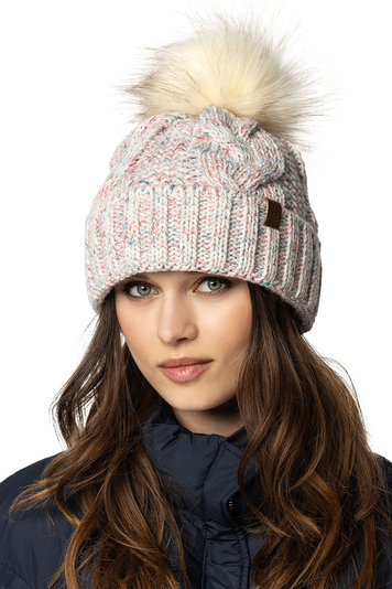 Vivisence Wintermütze mit Bommel Damen Perfekte Passform Warmes Strickmütze Herbst Frauen Mütze für Winter Aufgerolltem Design für Extra Wärme Ideal für Kalte Wintertage Modell 7014, Weiße Melange