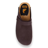 Vollsjö Damen Clogs aus Holz und Leder/Wildleder Hausschuhe Holzschuhe Clogs für Frauen, Modisch und Gemütlich Freizeitschuhe, Heimschuhe, Hergestellt in der EU, Wildleder-Dunkelbraun