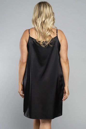 Italian Fashion Dame Nachthemd Satin Glatt Spitze Schleife Nachtwäsche Dotyk, Schwarz