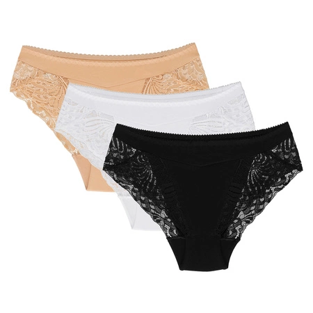 Wolbar Dame Slip 3-er Pack Höher Bund Spitze Elegant WB408, beige-weiß-schwarz