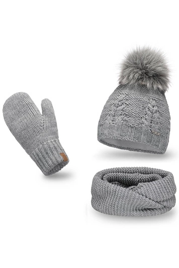 Pamami Dame Winterset Warm Gemustert Bommel 17549+14603+20680,  Hellgrau
