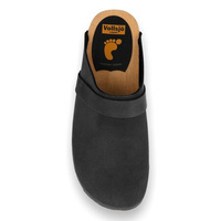 Vollsjö Damen Clogs aus Holz und Leder/Wildleder Hausschuhe Holzschuhe Clogs für Frauen, Modisch und Gemütlich Freizeitschuhe, Heimschuhe, Hergestellt in der EU, Wildleder-Schwarz