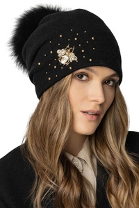 Vivisence Damen Bommelmütze Winter Wolle Handgefertigte Schurwolle 7079, Schwarz