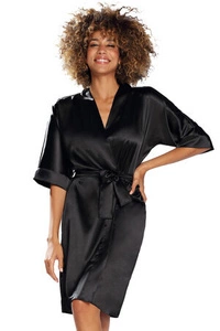 Dkaren Dame Morgenmantel Elegant Satin Musterlos Glatt 100 , Schwarz