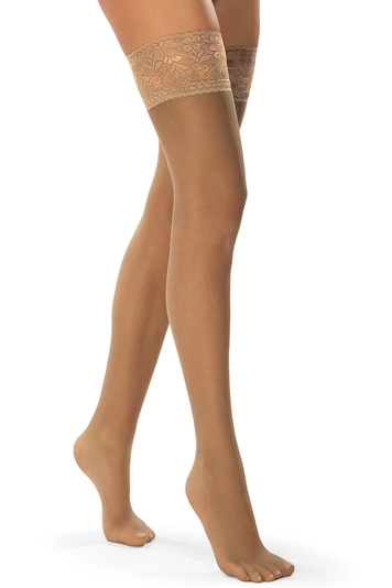 Vivisence Selbsttragende Strümpfe Für Damen 20 DEN Mit Verführerischer Spitze Am Oberschenkel Dünn Mit Unsichtbarer Zehenverstärkung Perfekt Für Elegante Outfits, beige