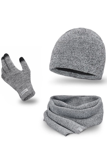 PaMaMi Herren Winter-Set 3-teilig (Handschuhe, Mütze, Loop-Schal) | Handschuhe mit Touchscreen-Funktion | Atmungsaktive Mütze und wärmender Loop-Schal in Strickoptik in 5 Farben, 