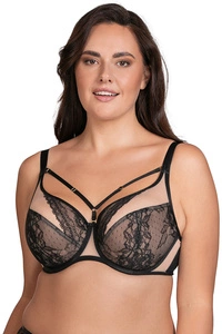 Vivisence Damen Bügel-BH Softcup Spitze Mit Dekobändern Verstellbare Träger Schleife Netz Cups Transparent Roségold Details Lingerie Vollschale Unterwäsche, schwarz