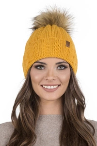 Vivisence Damen Bommelmütze Winter Fleecefutter Kunstpelzbommel Strickmützen 7019, honig