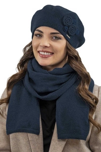Vivisence Damen Baskenmütze Schal Set Wolle Applikation Lang Warm 7037kmpl, dunkelblau
