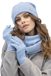 Vivisence Winter Damen Set Aus Wolle Mit Mütze, Schal Und Handschuhen Hergestellt Aus Weich Und Warm Garn Mit Melange-Muster Ideal Für Kalte Wintertage, hellblaue Melange