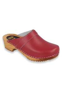Vollsjö Damen Clogs aus Holz und Leder/Wildleder Hausschuhe Holzschuhe Clogs für Frauen, Modisch und Gemütlich Freizeitschuhe, Heimschuhe, Hergestellt in der EU, Lackleder-Rot