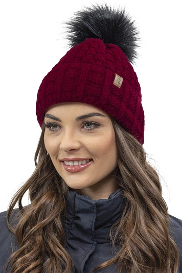 Vivisence Damen Mütze Bommel Warm Fleece Gefüttert Strick Winterstyle 7015, weinrot