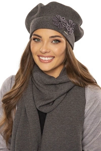 Vivisence Damen Baskenmütze Schal Set Wolle Blumenapplikation Warm Elegant 7007, dunkelgrau