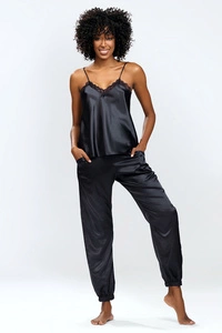 Dkaren Dame Schlafanzug 2-teilig Set Pyjama Satin Spitze Sinnlich Elegant Nachtwäsche Day,
