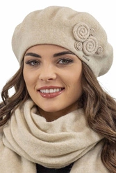 Vivisence Damen Baskenmütze Schal Set Wolle Applikation Lang Warm 7037kmpl, beige