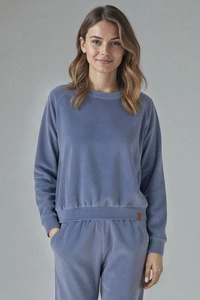 Vivisence Damen Sportbluse Sweatshirt Mit Rundhalsausschnitt Aus Velourstrick Mit Strickbündchen Und Langem Arm Lockerer Schnitt Für Freizeit Fitness Und Alltag 9005,