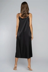 Italian Fashion Dame Nachtkleid Nachthemd Spitze Glatt Satin Elegant Lang Dotyk, Schwarz