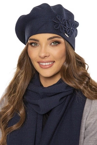 Vivisence Damen Baskenmütze Schal Set Wolle Blumenapplikation Warm Elegant 7007, dunkelblau