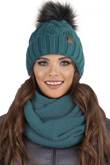 Vivisence Damen Bommelmütze Und Loop-Schal Mit Bommel Ideal Für Wintertage 7014, dunkeltürkis