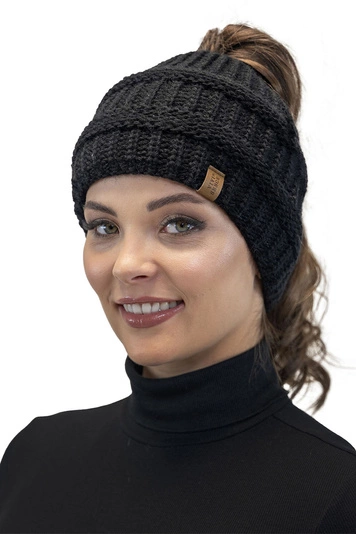 Vivisence Damen Mütze Zopfschlaufe Gefüttert Flauschig Gummibund Winter 7075, schwarz