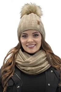 Vivisence Damen Winterset Mit Modischer Bommelmütze Und Loop-Schal Hergestellt Aus Warmem Garn Mit Weichem Fleecefutter Anti-Statische Perfekt Für Kalte Tage Stilvolle, beige