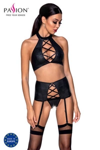 Passion Dame Set Dessous Reizwäsche  Kunstleder Sexy  Streifen Nancy, Schwarz