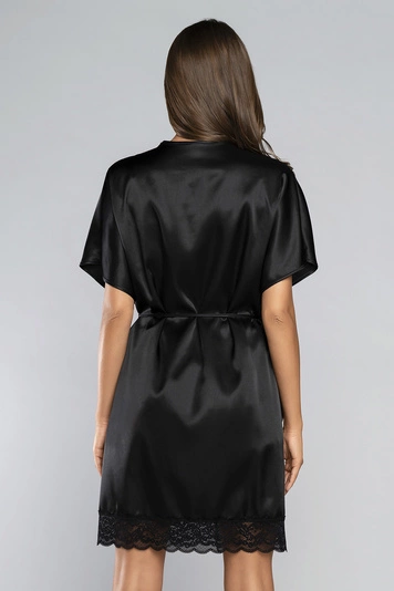 Italian Fashion Dame Morgenmantel Nachtwäsche Satin Schnürung Dotyk, Schwarz