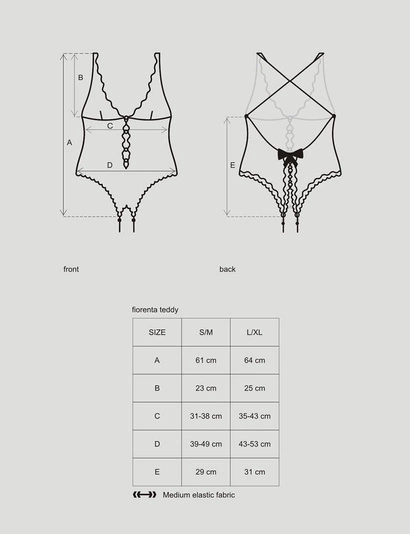 Obsessive Fiorenta teddy Body Damen Nachtwäsche regulierbar offener Schritt Top Qualität, Schwarz