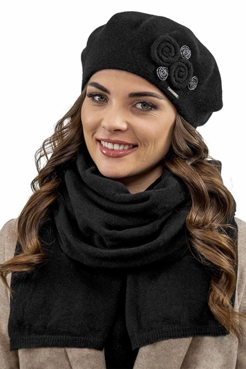 Vivisence Damen Baskenmütze Schal Set Wolle Applikation Lang Warm 7037kmpl, schwarz
