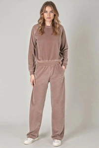 Vivisence Damen Trainingsanzug Set Zweiteiler Aus Velours Mit Sweatshirt Und Hose Lockerer Schnitt Rundhals Seitentaschen Elastischer Bund,