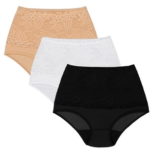 Wolbar Damen Sexy Shapewear-Slips 3-er Pack Spitze Miederslip Hohe Taille Figurformende WB207, beige-weiß-schwarz