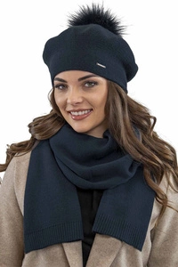 Vivisence Damen Baskenmütze Schal Set Bommel Wolle Warm Elegant Winter 7035Kmpl, dunkelblau