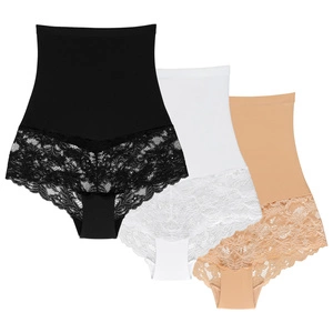 Wolbar Miederslip Damen Slips 3er Pack Panties Höschen Hohe Taille Hipster Slip Figurformende Bauchkontrolle Shapewear Seamless Nahtlose Spitzenhöschen Formwäsche Unterhosen WB183, beige-weiß-schwarz