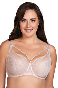 Vivisence Damen Bügel-BH Softcup Spitze Mit Dekobändern Verstellbare Träger Schleife Netz Cups Transparent Roségold Details Lingerie Vollschale Unterwäsche,