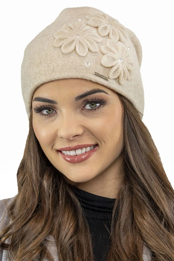 Vivisence Damen Wintermütze Wolle Blumenapplikation Warm Antistatisch 7053, beige