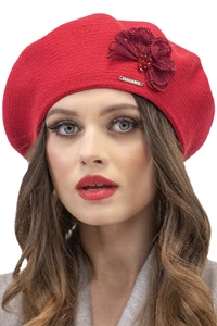 Vivisence Damen Baskenmütze Garn mit Blumenapplikation Ideal für Wintertage 7036, rot