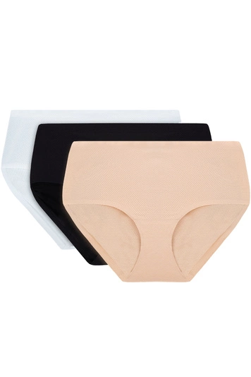 Vivisence Dame Slip 3-er Pack Unterhose Glatt Voll Nahtlos Hoher Bund 4013, weiß/schwarz/beige