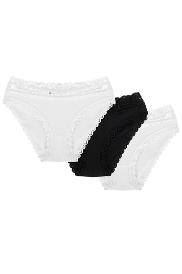 Wolbar Damen Mini-Slip 3-er Pack Spitze Klassisch Elegant Sinnlich WB158, weiß-weiß-schwarz