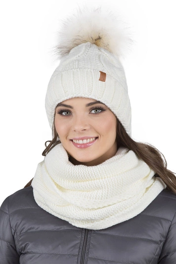 Vivisence Damen Bommelmütze Und Loop-Schal Mit Bommel Ideal Für Wintertage 7014, ecru