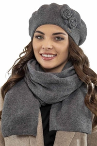Vivisence Damen Baskenmütze Schal Set Wolle Applikation Lang Warm 7037kmpl, dunkelgrau