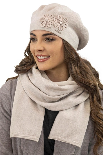 Vivisence Damen Baskenmütze Schal Set Wolle Blumenapplikation Warm Elegant 7007, beige