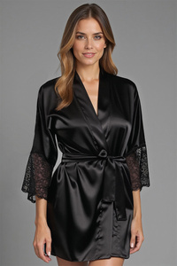 Vivisence Satin Kimono Damen Morgenmantel Kurz mit Spitze 3/4 Arm Bademantel Gürtel Mini-Länge Schlafmantel für Spa Lounge oder Alltag,