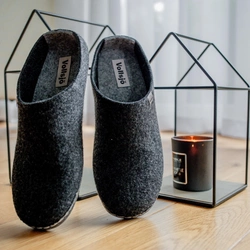 Vollsjö Damen Pantoffeln aus Filz Hausschuhe Dunkelgrau Filzschuhe für Frauen, Modisch und Gemütlich Freizeitschuhe Filzpantoffeln, Heimschuhe, Hergestellt in der EU, dunkelgrau-grau
