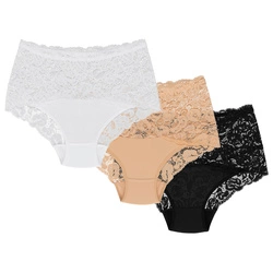 Wolbar Dame Slip 3er Pack Bund Pantys Spitze Elegant Unterhose Unterwäsche WB414, beige-weiß-schwarz