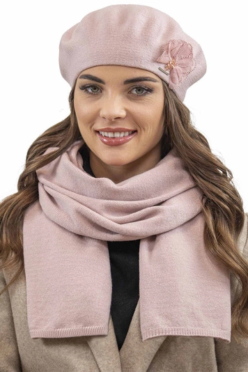 Vivisence Damen Baskenmütze Garn mit Blumenapplikation Ideal für Wintertage 7036, rosa