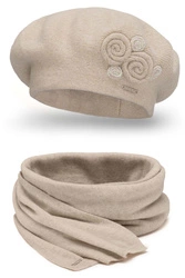 Vivisence Damen Baskenmütze Schal Set Wolle Applikation Lang Warm 7037kmpl, beige