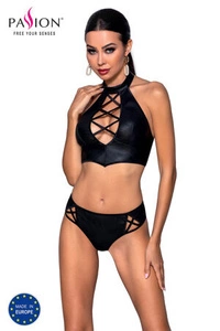 Passion Dame Set Dessous Reizwäsche Kunstleder Sexy Streifen Nancy , Schwarz
