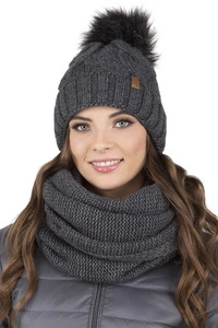 Vivisence Damen Bommelmütze Und Loop-Schal Mit Bommel Ideal Für Wintertage 7014, dunkelgrau
